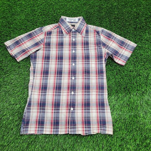 Vintage 80s Shadow Plaid Button Shirt Small 18x27 Poplin USA - Picture 1 of 10